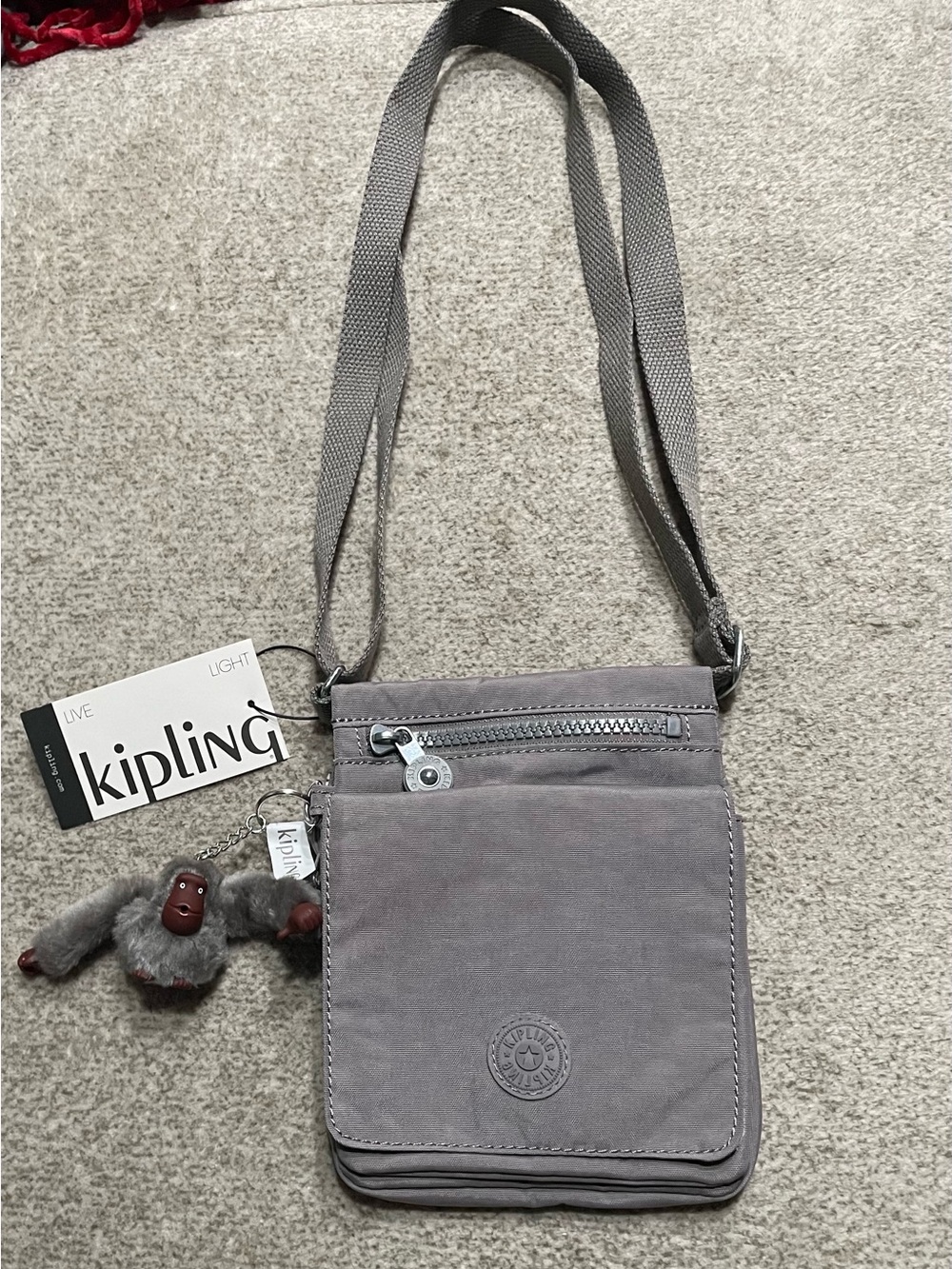 Kipling Light Gray Crossbody Messenger Bag with Monkey Charm